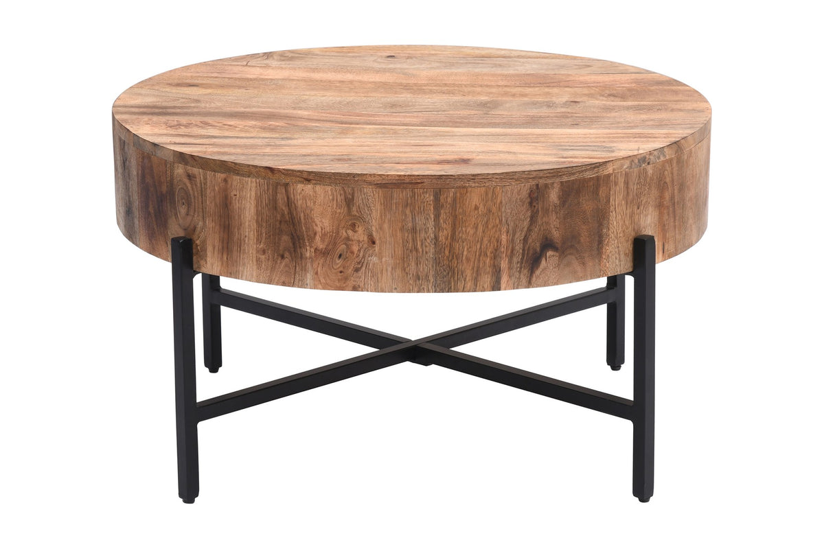 Ashford round coffee table from a raised angle, showing the drum top and iron X-base