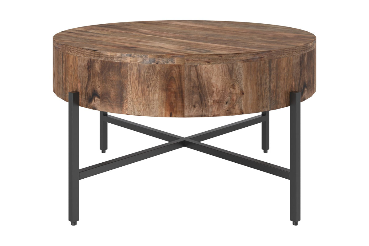 Ashford mango wood coffee table, side view of the thick drum edge