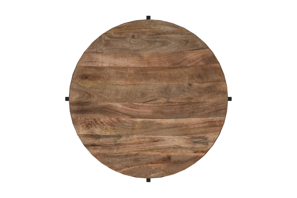 Ashford coffee table seen from above, showing the grain of the round mango wood top
