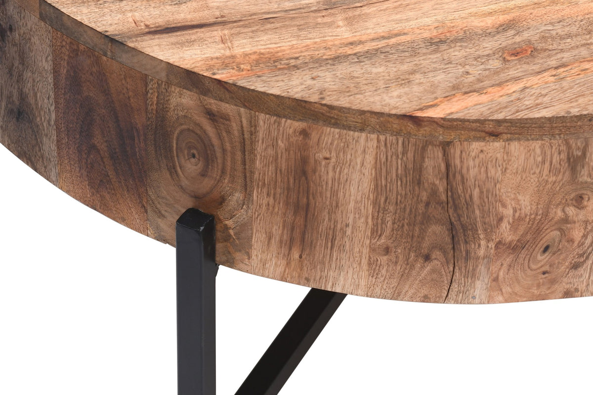 Close-up of the Ashford mango wood drum edge and black iron leg