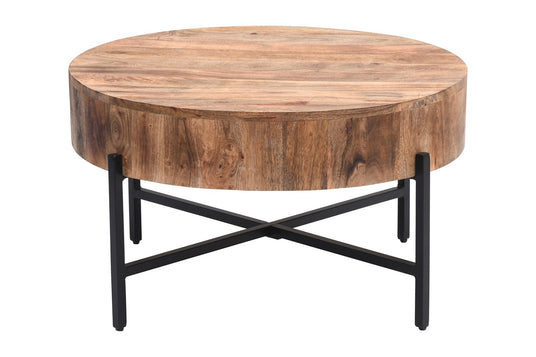 Ashford Mango Wood Round Coffee Table with Iron Base - An Industrial X-Base