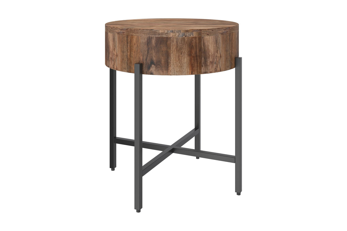 Ashford round side table with a solid mango wood drum top and black iron X-base, three-quarter view