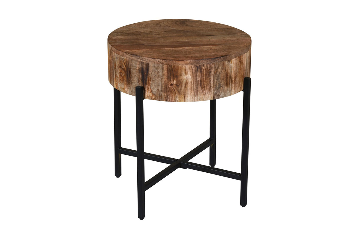 Ashford mango wood side table from a raised angle, showing the top and iron base