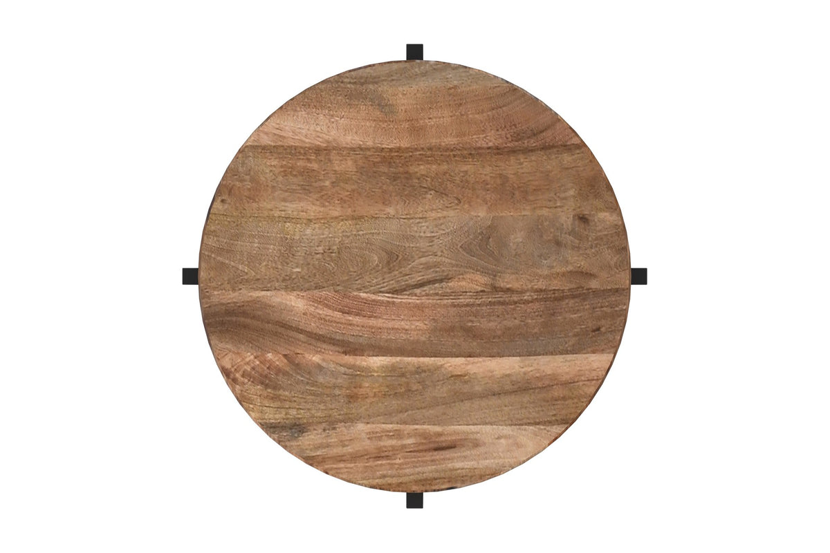Ashford side table seen from above, showing the grain of the round mango wood top