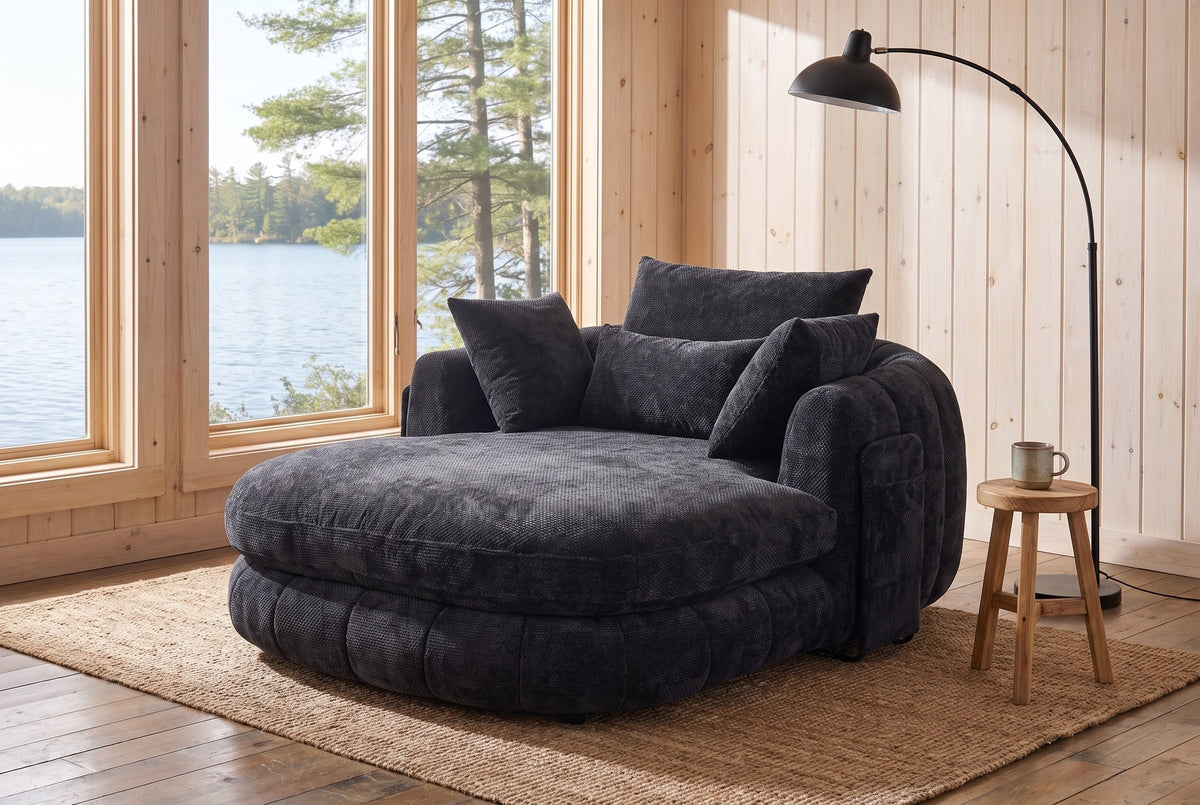 Asolo chaise lounge in the reading corner of a Muskoka cottage, by a window onto the lake