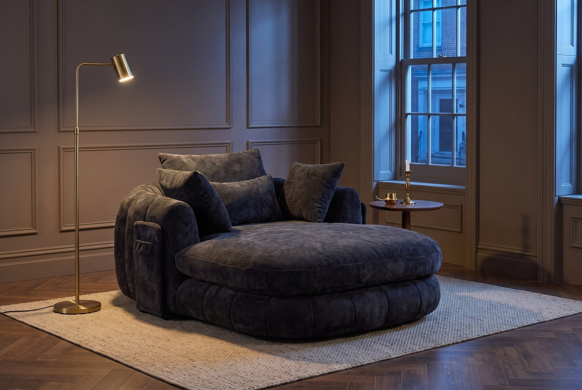 Asolo chaise lounge in a panelled Toronto living room at dusk beside a brass floor lamp