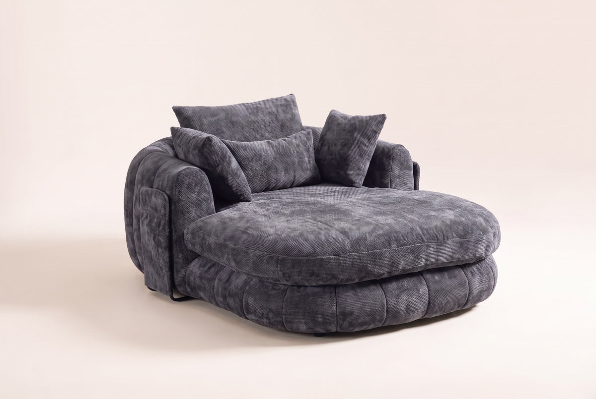 Asolo chenille chaise lounge chair in Grey, three-quarter view on a warm off-white backdrop