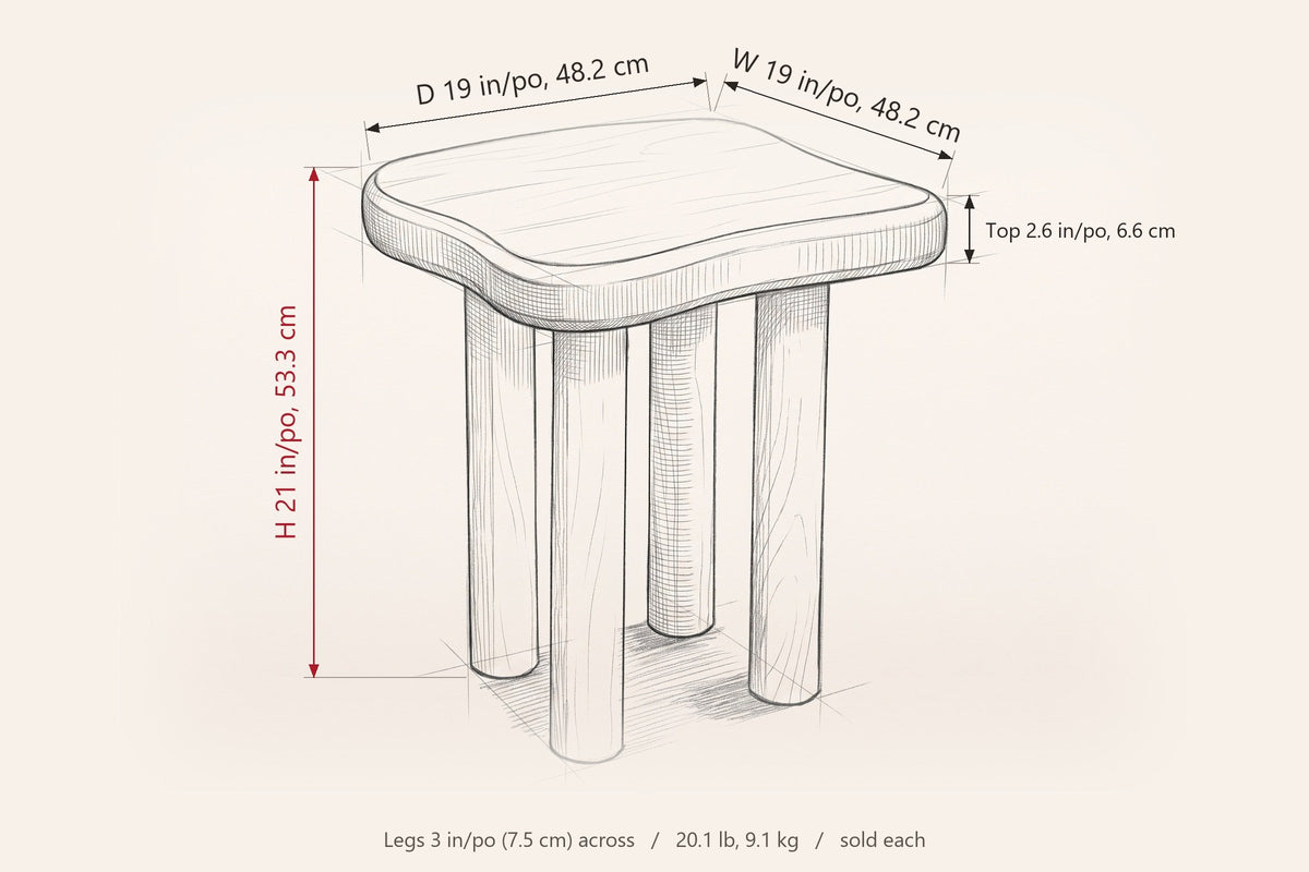 Atri dimensions on a pencil sketch of the side table: 21 in high, 19 in deep, 19 in wide, top 2.6 in thick