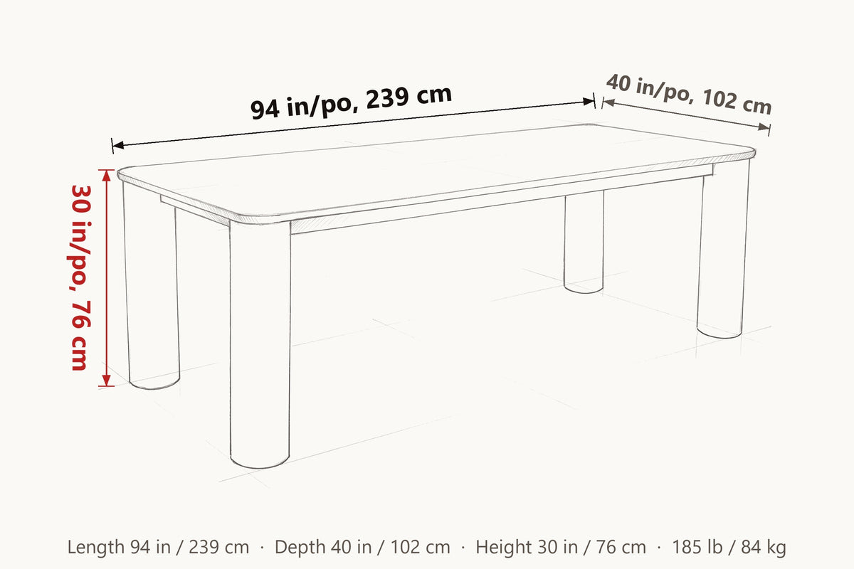Atzara dimensions on a pencil sketch of the table: 94 in long, 40 in deep, 30 in high