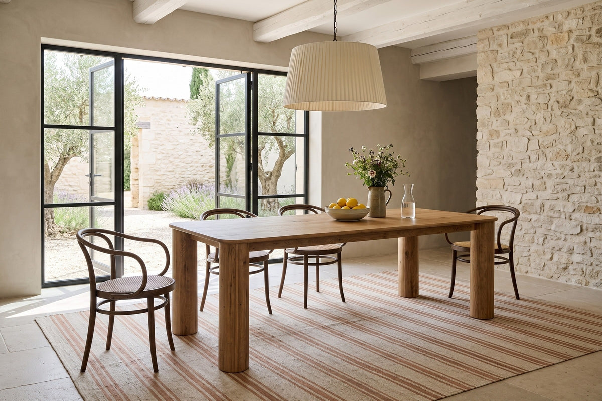 Atzara dining table in a stone villa in Gordes, Provence, with glass doors open to an olive and lavender courtyard