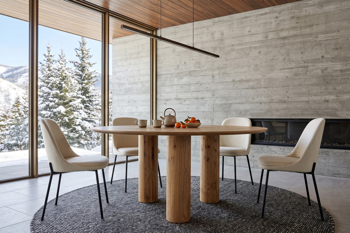 Atzara round dining table in a Silver Star mountain house near Vernon, with a glass wall to snowy firs