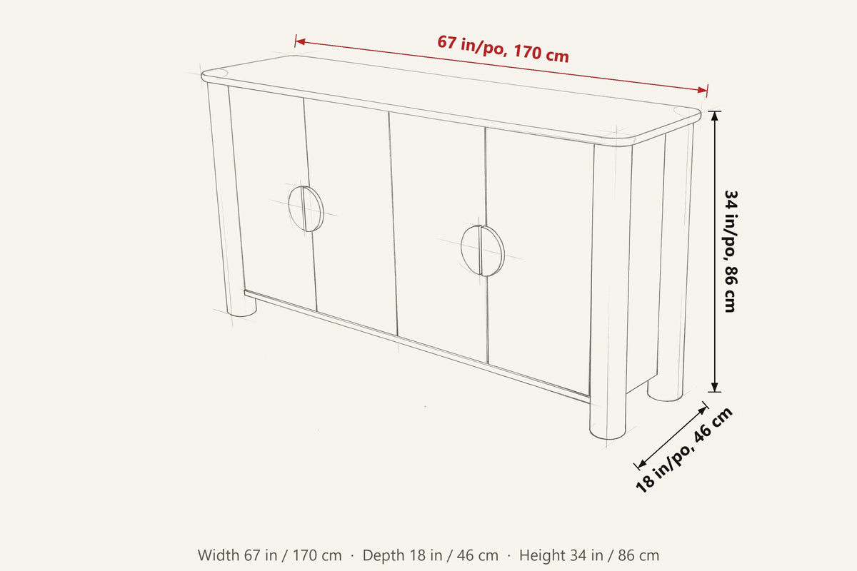 Atzara dimensions on a pencil sketch of the sideboard: 67 in wide, 18 in deep, 34 in high