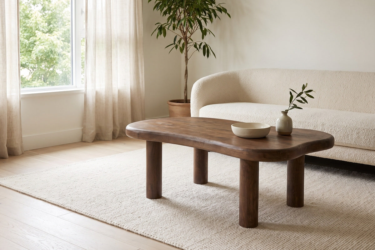 Bagnoregio coffee table in dark walnut on a cream wool rug in front of a boucle sofa in a bright Vancouver living room