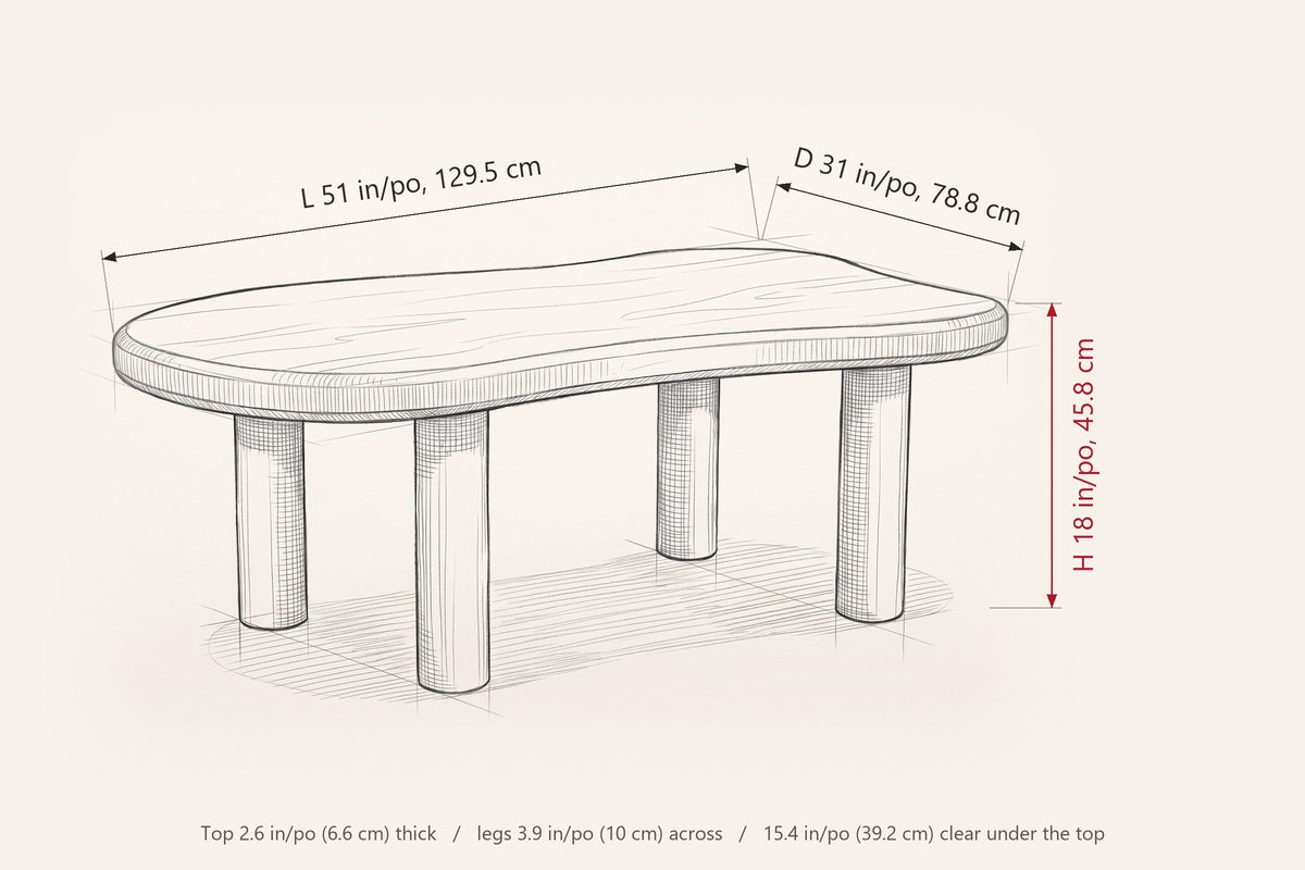 Bagnoregio dimensions on a pencil sketch of the coffee table: 51 in long, 31 in deep, 18 in high, top 2.6 in thick