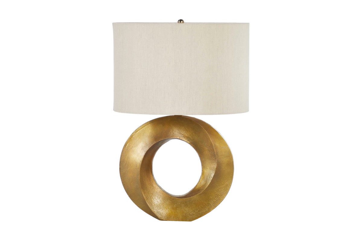 Bastien antique brass open ring table lamp with off-white linen shade, front view