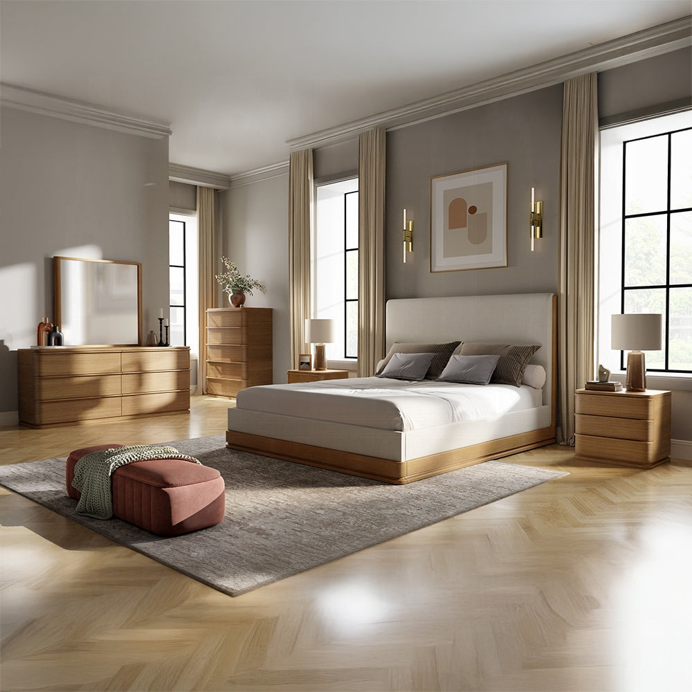 Yami Wood Detail Upholstered Platform Bed - Beige Oak