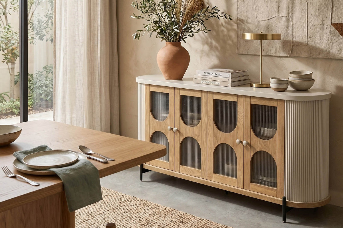 Bellamy oak sideboard in a dining room beside a wood dining table