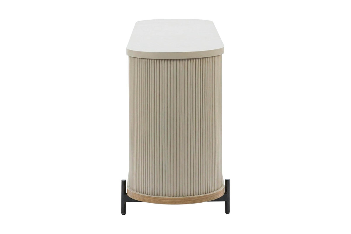 Bellamy sideboard side view showing the rounded fluted grey end