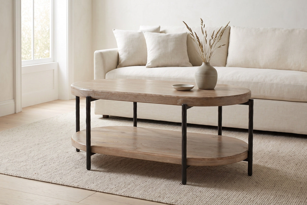 Bellano coffee table in a Toronto living room in morning light, in front of an off-white linen sofa