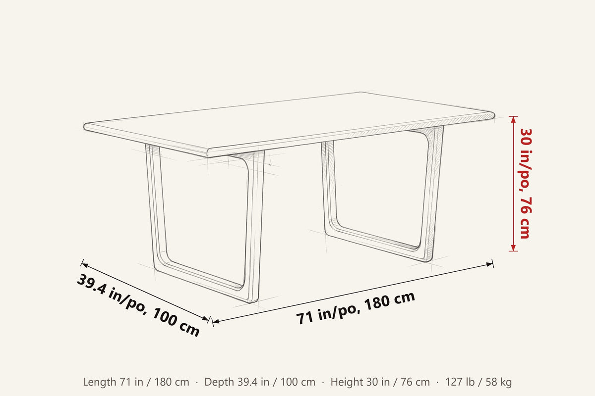 Bernalda dimensions on a pencil sketch of the table: 71 in long, 39.4 in deep, 30 in high