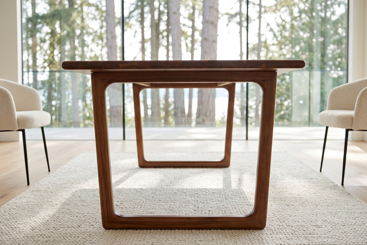 A Bernalda sled frame in Honey Brown at seat height in the Sechelt house, the second frame seen through it