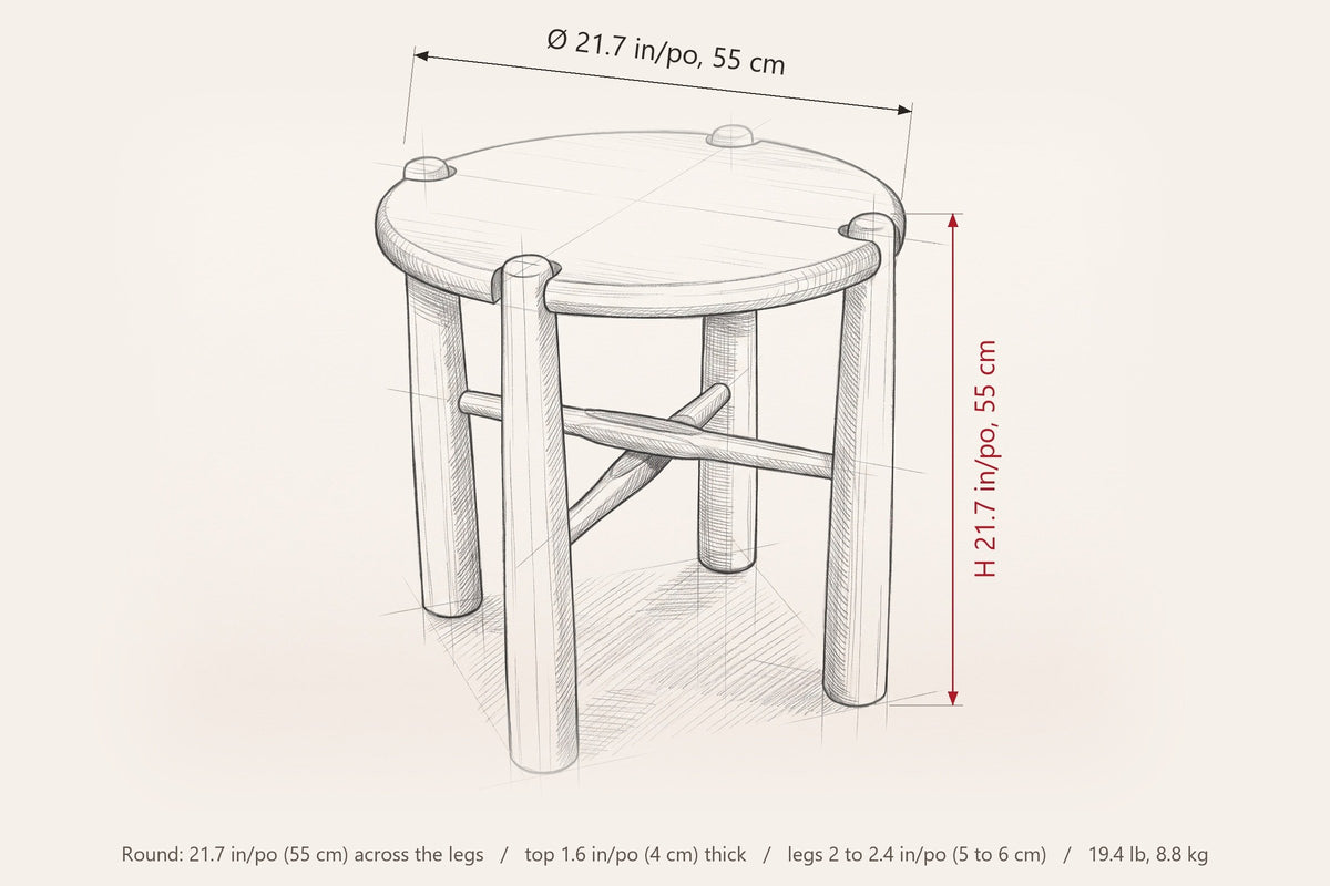 Bettona dimensions on a pencil sketch of the side table: 21.7 in across the legs, 21.7 in high, top 1.6 in thick