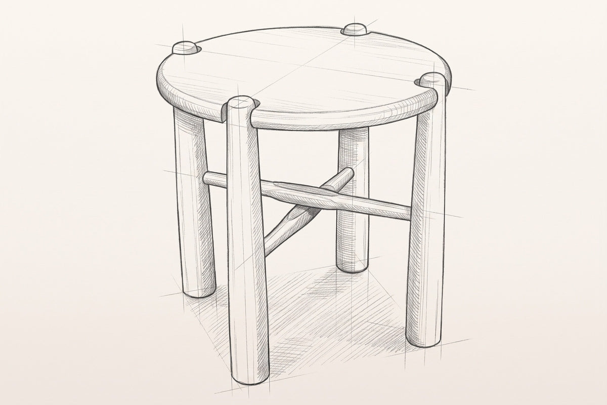 Pencil sketch of the Bettona side table, three-quarter view from above