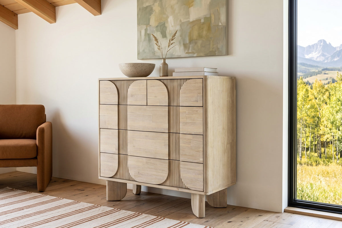 Bienno chest in Sand Wash in a Longview ranch house in the Alberta foothills, with warm white plaster, fir beams
