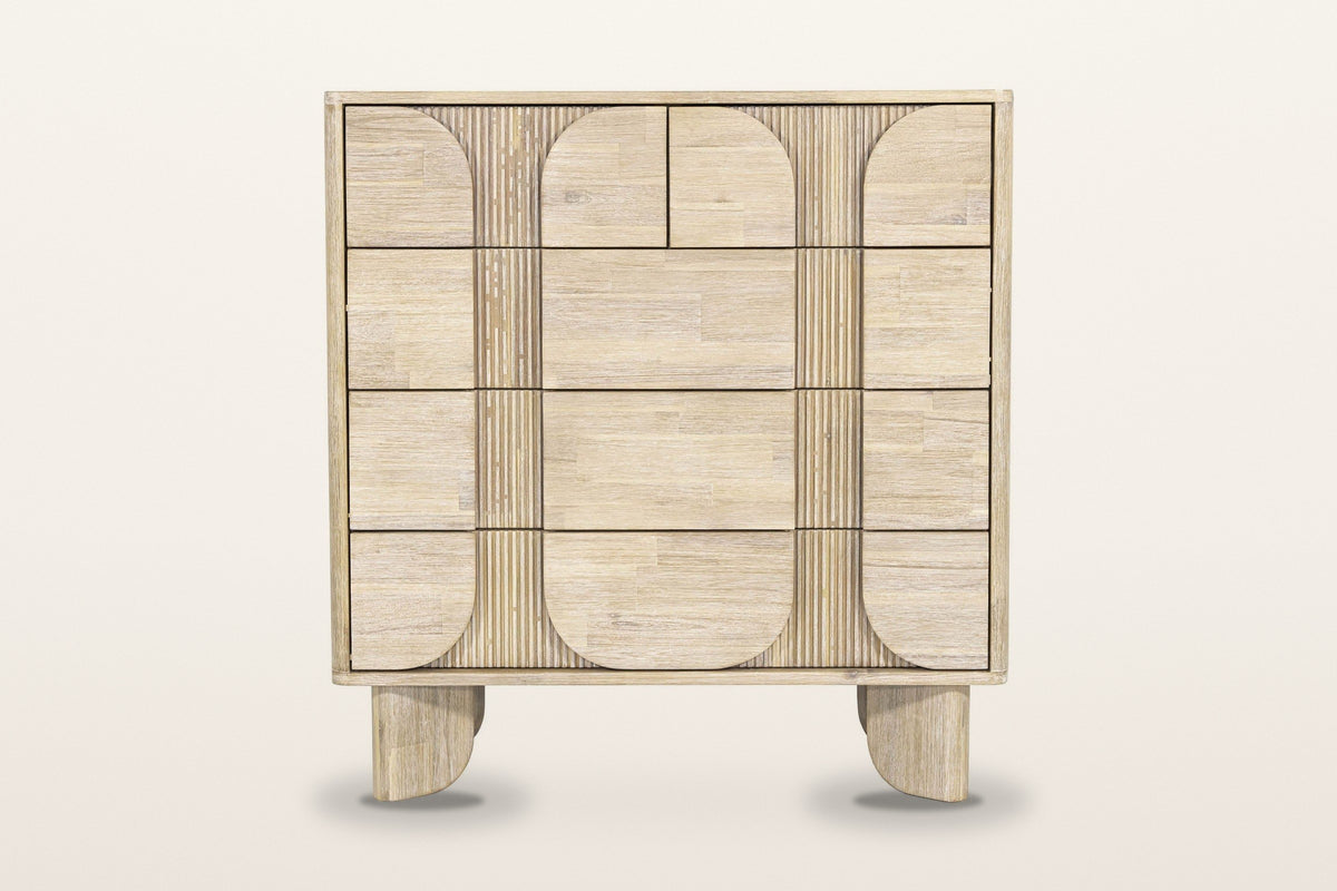 Bienno chest in Sand Wash, front view on a warm white studio backdrop: two small drawers over three full-width drawers