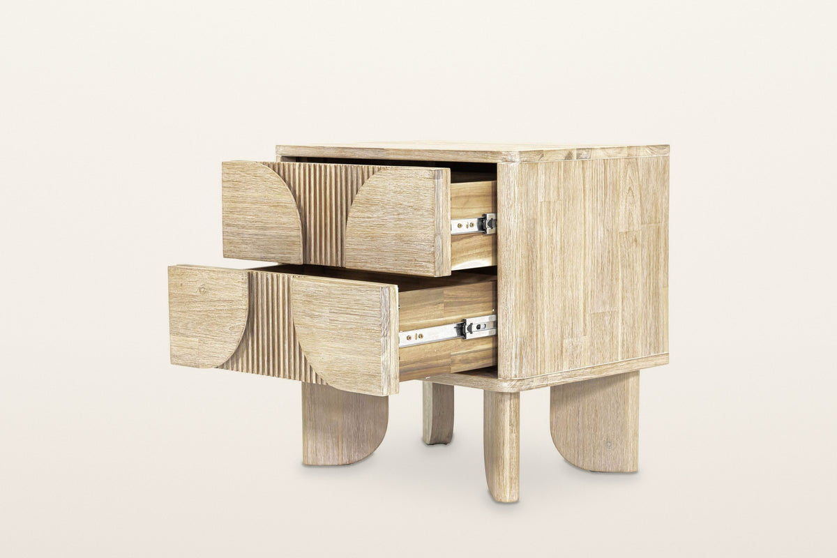 Bienno nightstand in Sand Wash with both drawers pulled out on their metal slides, on a warm white studio backdrop