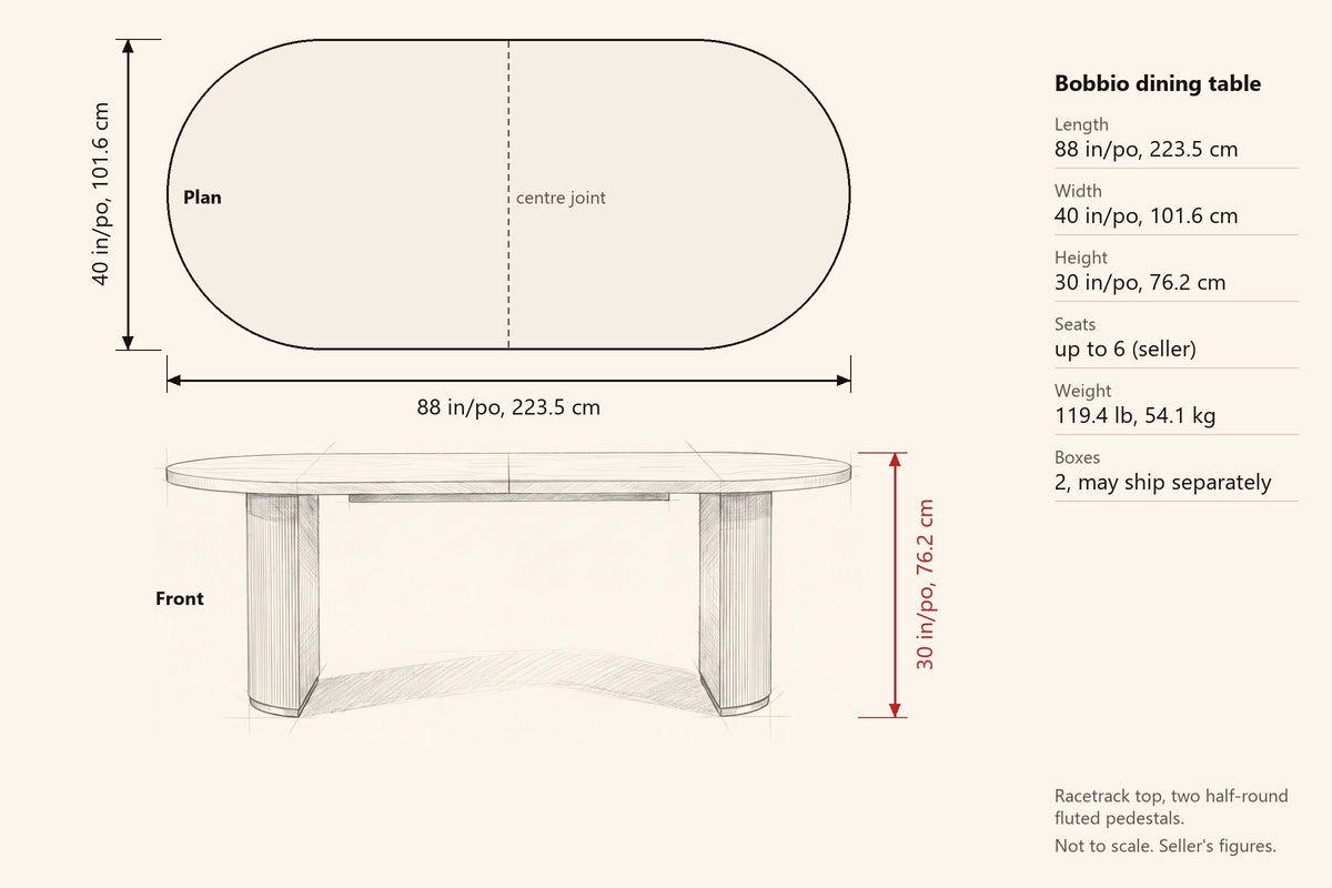 Bobbio dimensions: 88 in long, 40 in wide, 30 in high, racetrack top