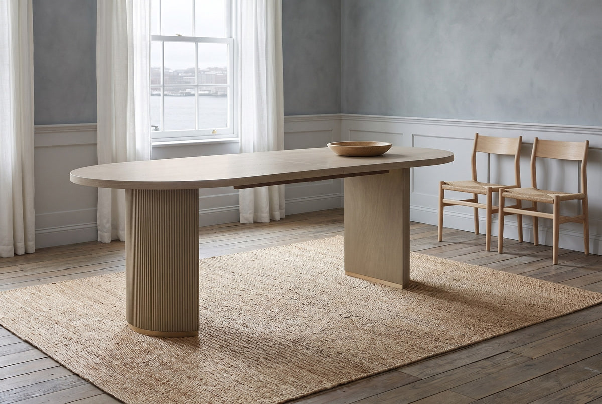 Bobbio dining table in a Halifax dining room with a harbour view, a jute rug and two woven-seat chairs