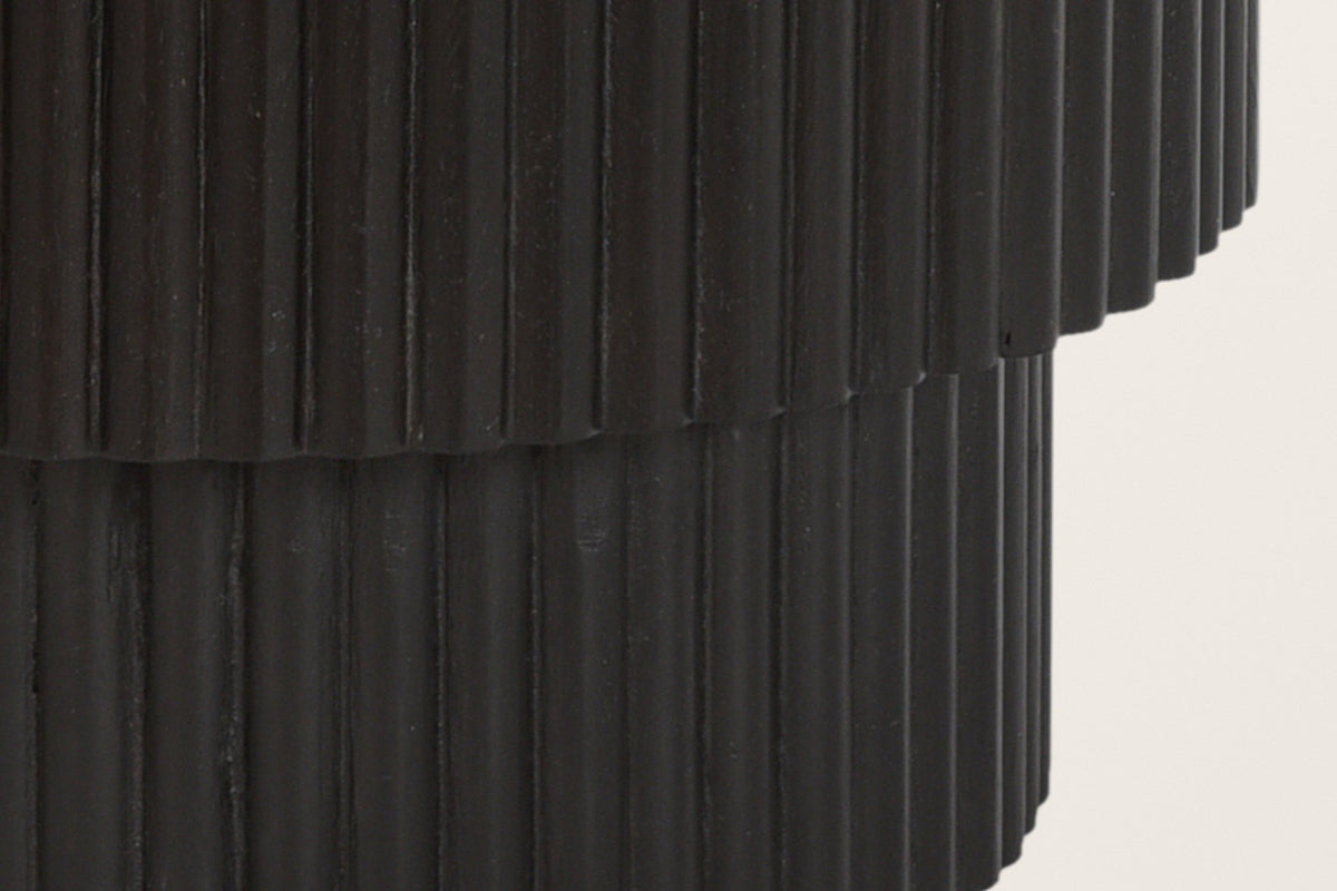 Close-up of the Bomarzo base in black: the reeded drum steps in to a narrower reeded plinth