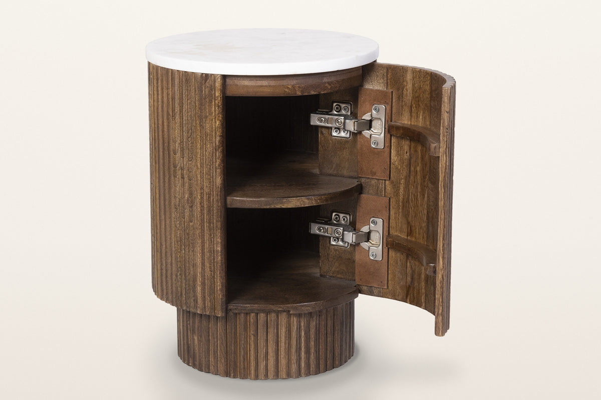 Bomarzo side table in walnut with its curved door open: one shelf inside the reeded drum