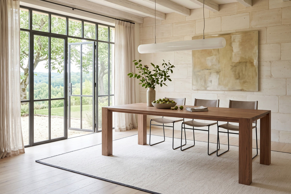 Bominaco dining table in Brown in a dining room with a pale limestone wall