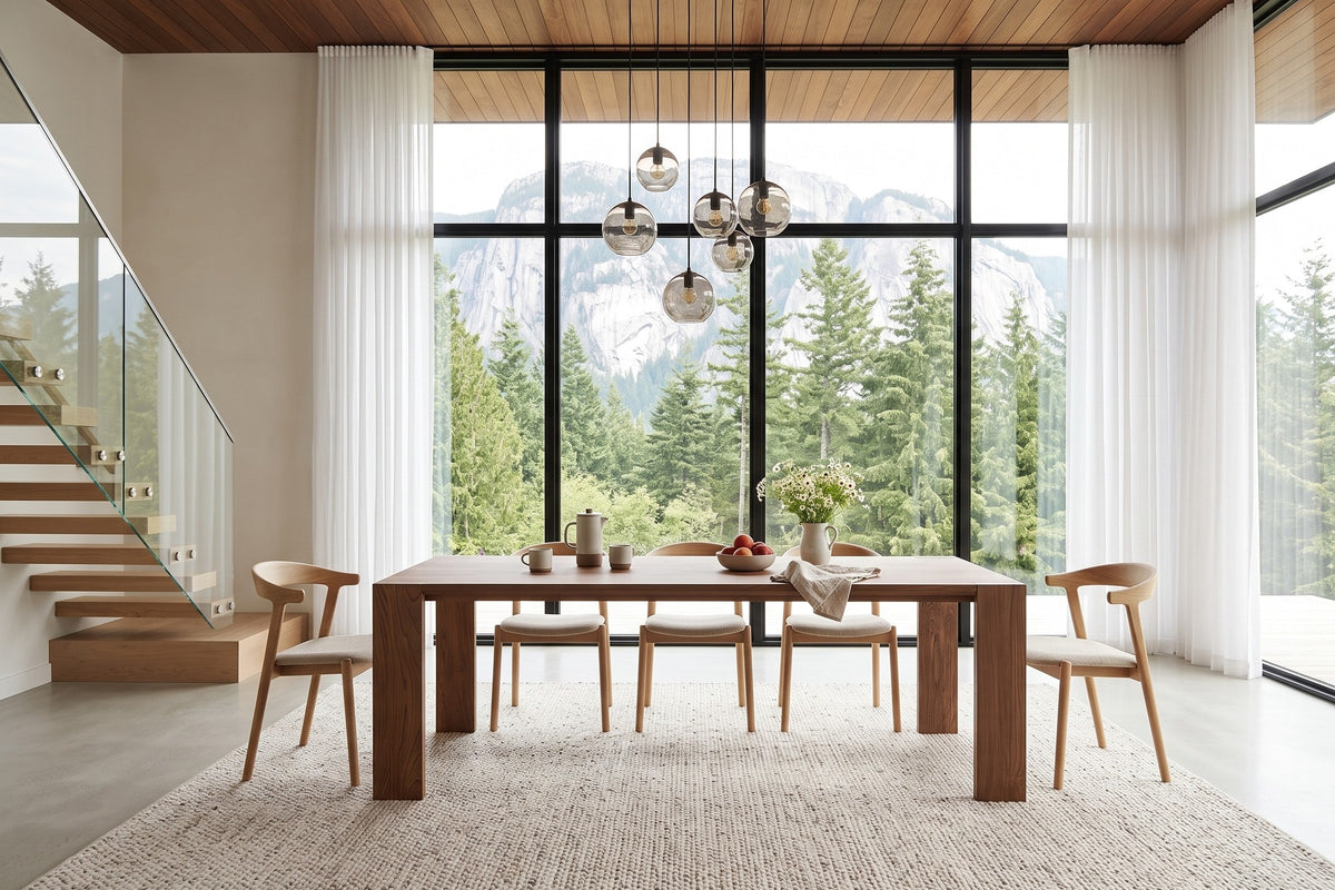 Bominaco dining table in Brown in a Squamish house: a tall glass wall to the granite cliff and firs, a floating oak stair