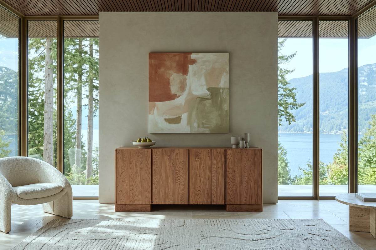 Bominaco sideboard in Brown, front view, against greige Venetian plaster in an Anmore forest house above Indian Arm
