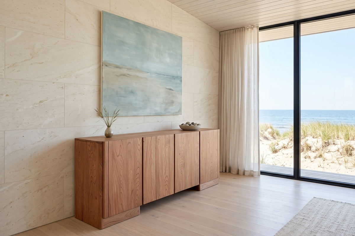 Bominaco sideboard in Brown against a honed limestone wall in a Kingsburg beach house on the South Shore