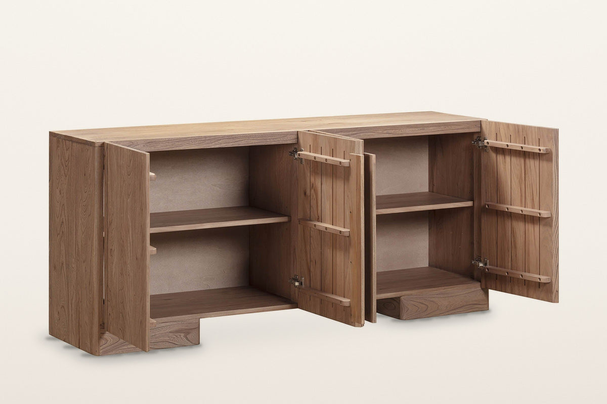 Bominaco sideboard in Brown with all four doors open on a warm white studio backdrop