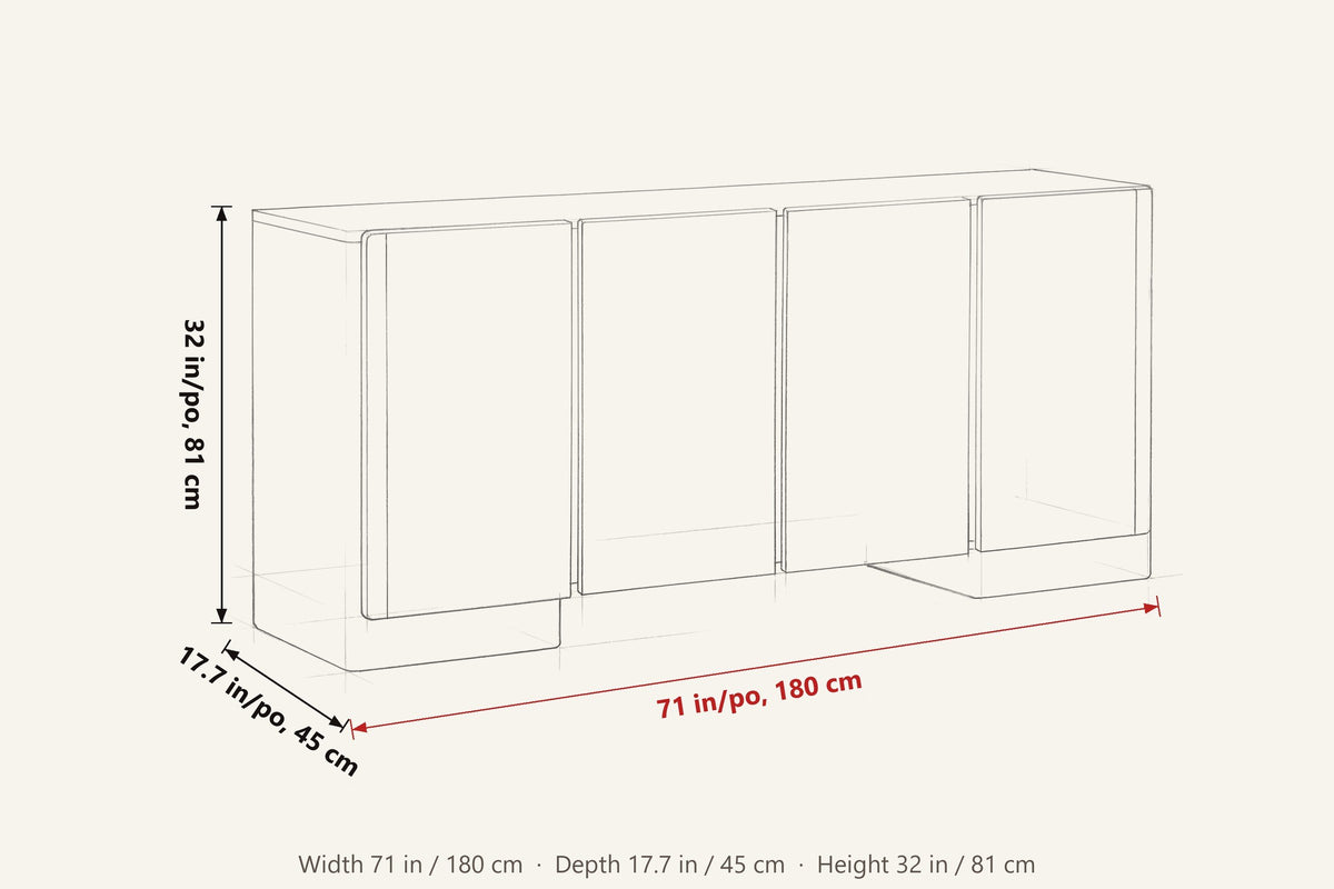 Bominaco dimensions on a pencil sketch of the sideboard: 71 in wide, 17.7 in deep, 32 in high