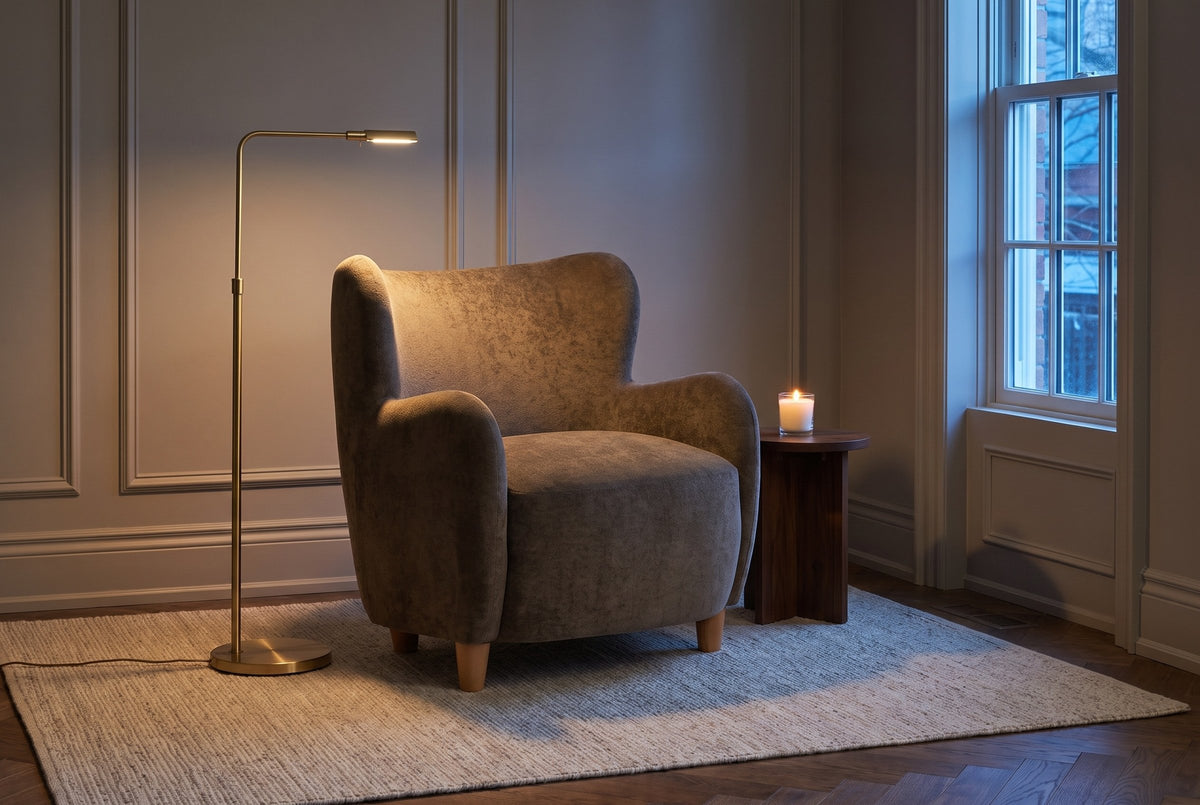 Bormio chair in a panelled townhouse reading corner at dusk, a brass floor lamp lit and a candle on a walnut side table