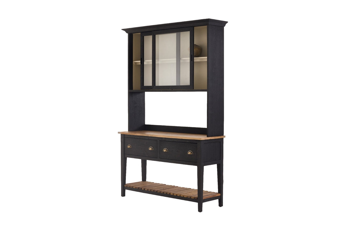 Bramwell wood hutch and sideboard in black with a natural wood top, three-quarter view