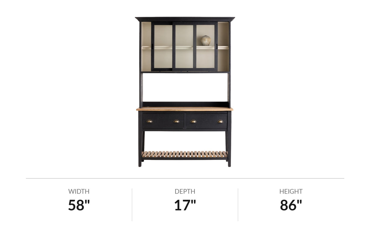 Bramwell hutch and sideboard dimensions: 58 in wide, 17 in deep, 86 in high
