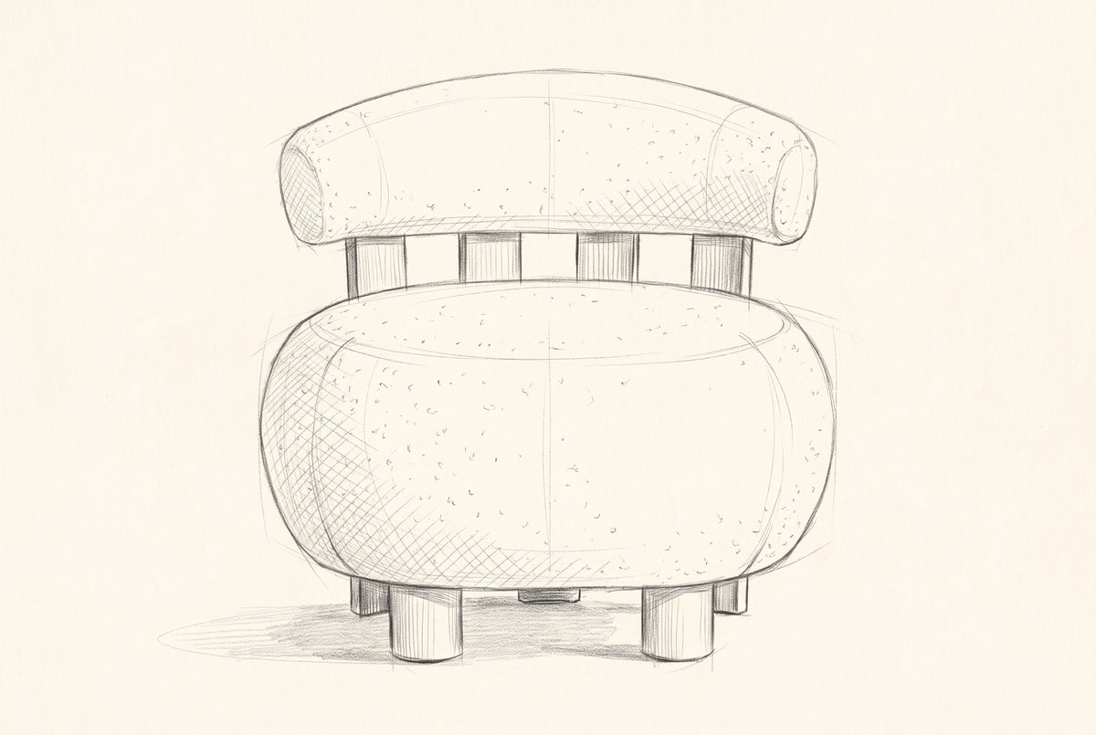 Pencil drawing of the Brescia accent chair, front view
