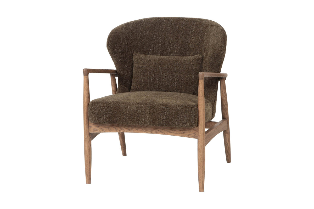 Briar ash wood accent chair in Nettle green fabric with lumbar pillow, three-quarter view