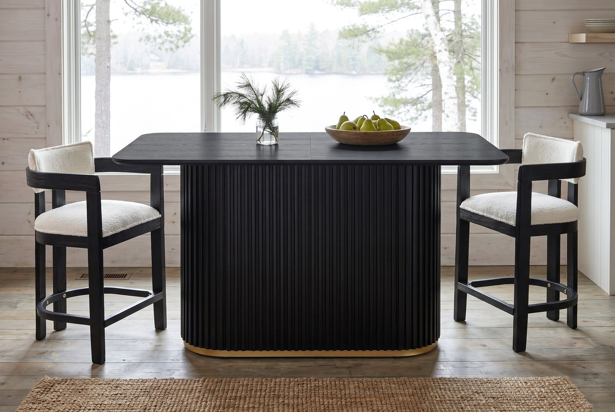 Brugnato counter table in a Muskoka cottage kitchen in front of a lake window, two counter stools at the ends