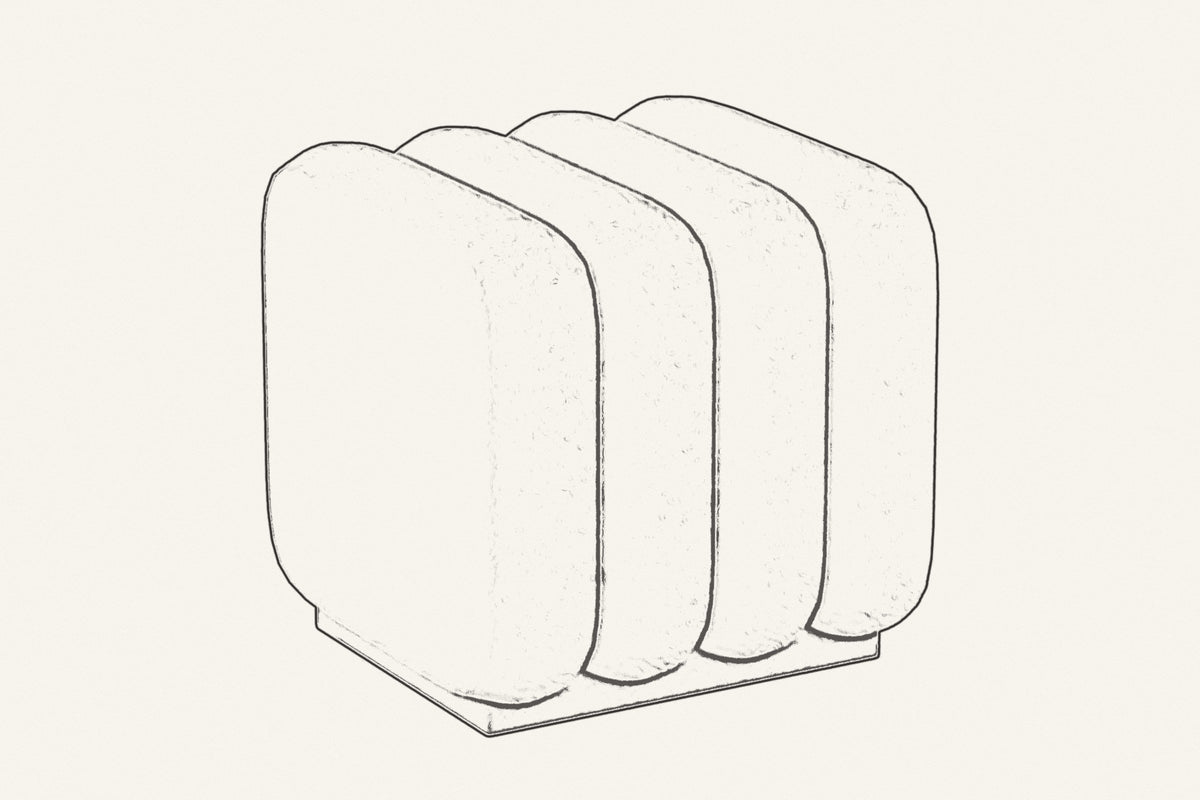 Line drawing of the Brusson channel cube ottoman, three-quarter view