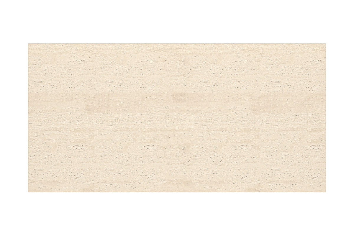 Close-up of the Bryce table's matte travertine-look concrete composite top
