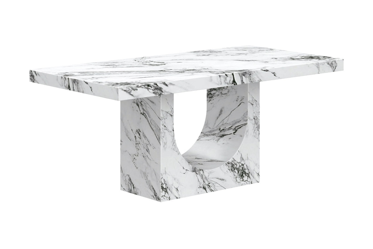Bryce concrete composite dining table in white marble-look finish, three-quarter view
