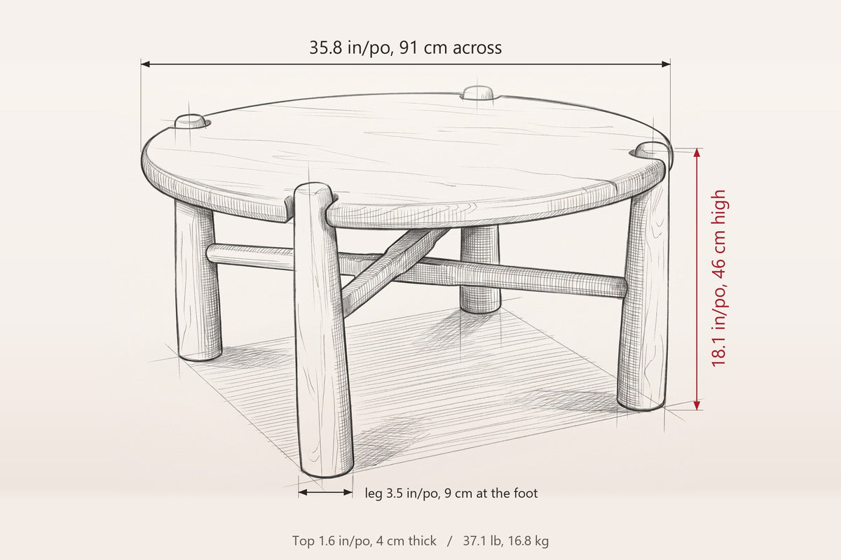 Buonconvento dimensions on a pencil sketch of the table: 35.8 in across, 18.1 in high, top 1.6 in thick